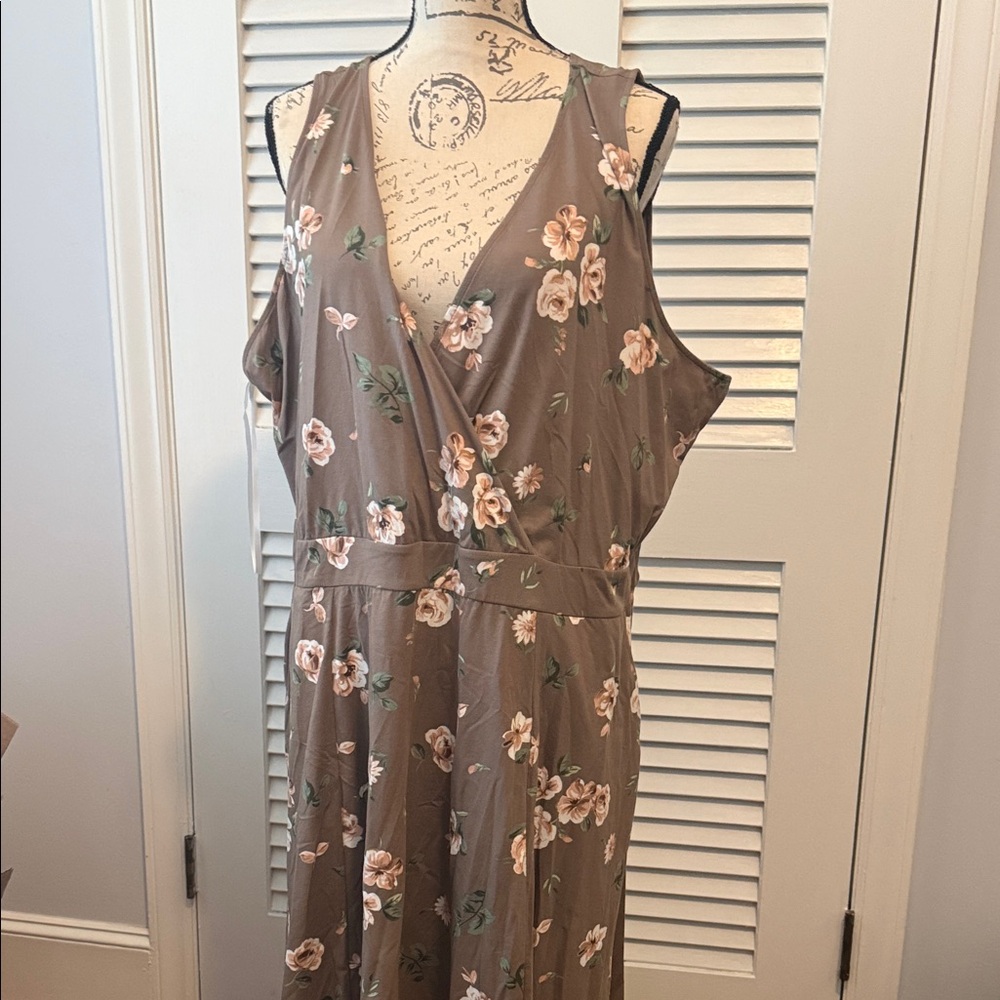 torrid Taupe Floral Midi Dress with Cream & Pink Blooms